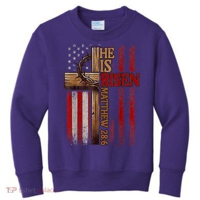 Easter Cross He Is Risen Jesus Christian Usa Flag Kids Sweatshirt