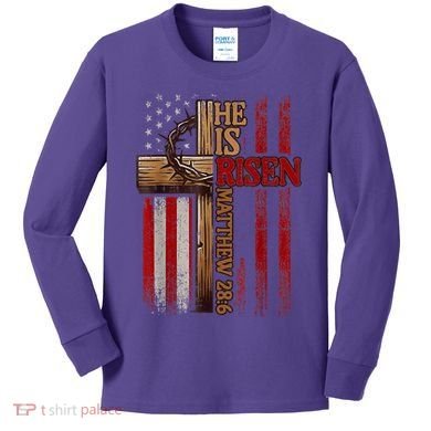 Easter Cross He Is Risen Jesus Christian Usa Flag Kids Long Sleeve Shirt