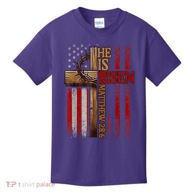 Easter Cross He Is Risen Jesus Christian Usa Flag Kids T-Shirt