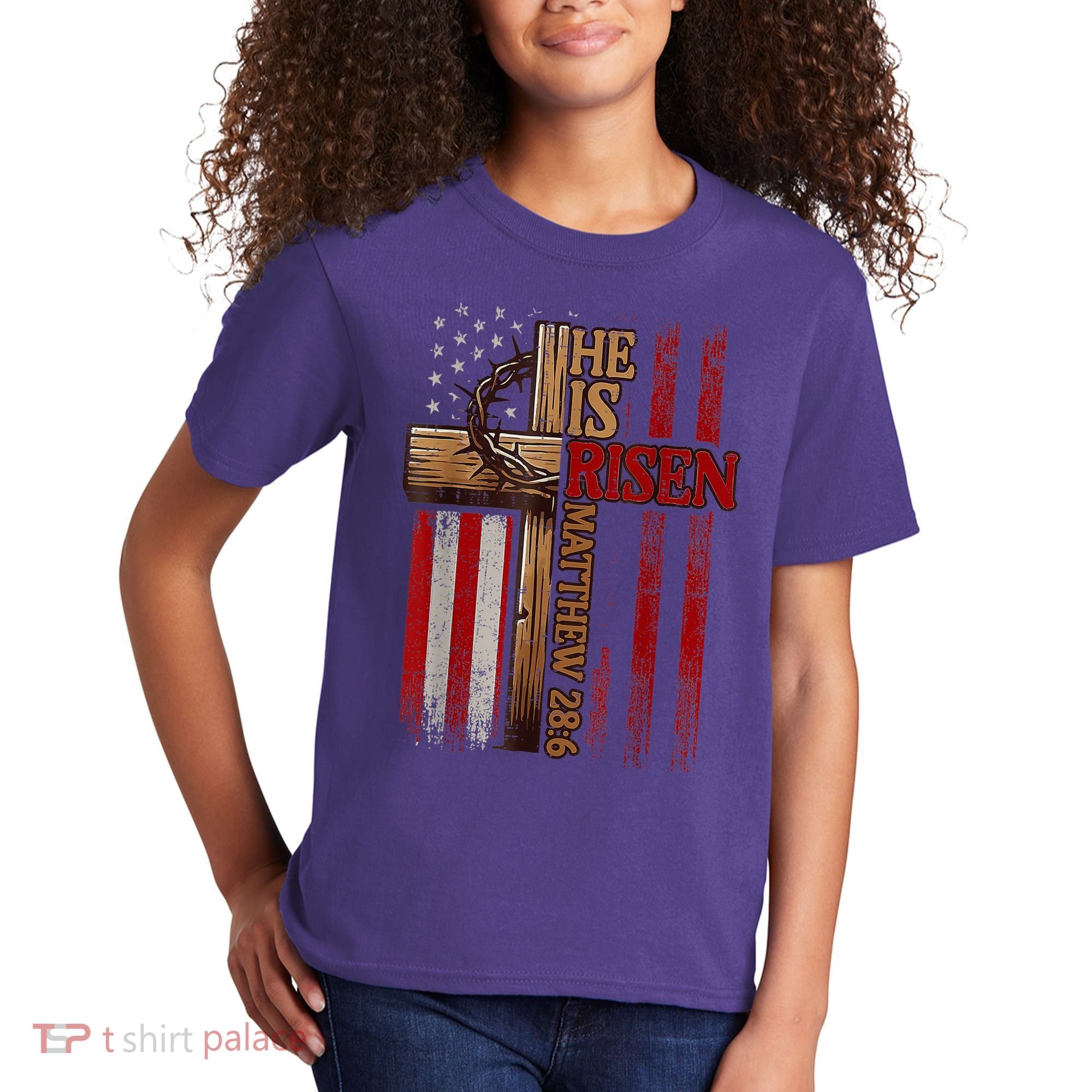 Easter Cross He Is Risen Jesus Christian Usa Flag Kids T-Shirt