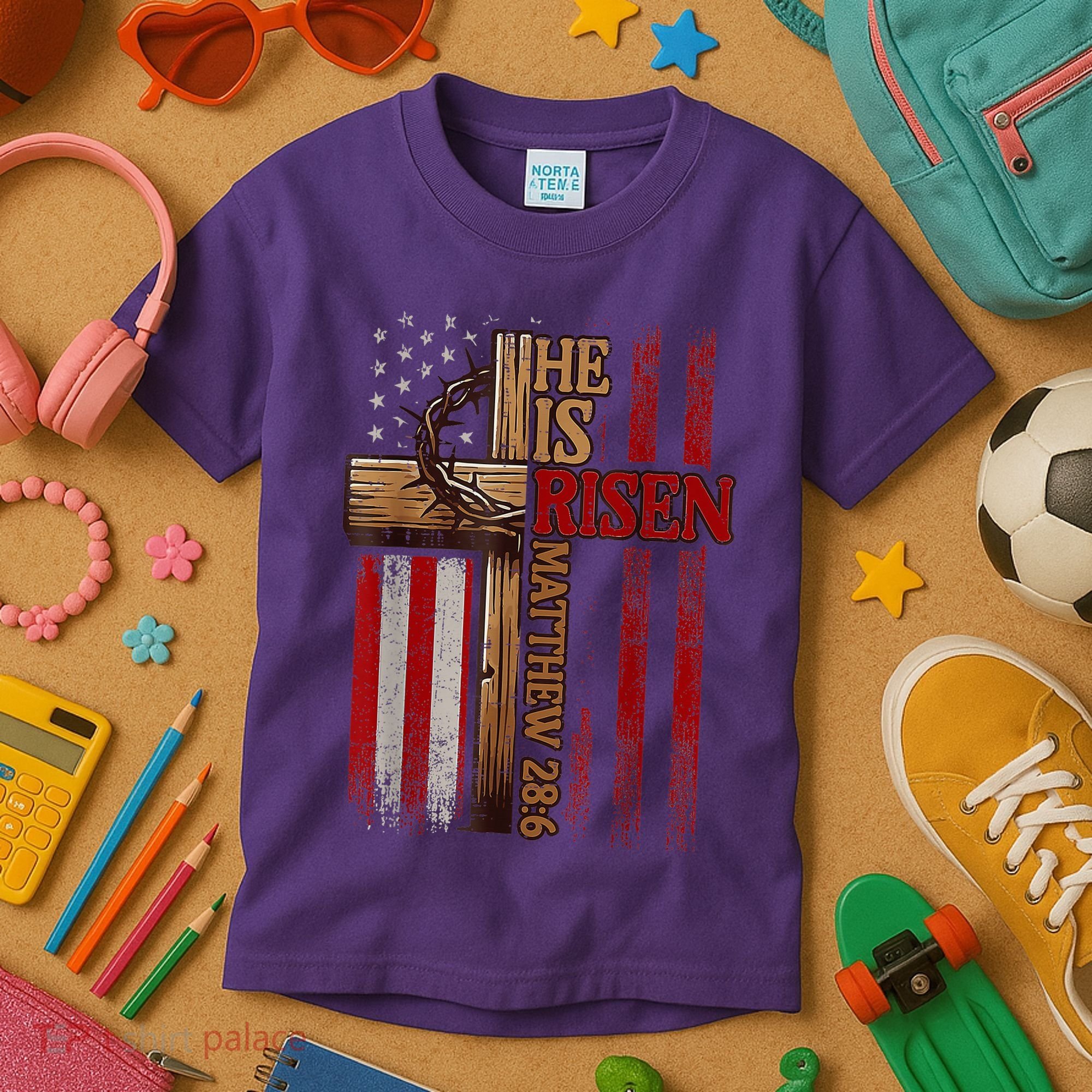 Easter Cross He Is Risen Jesus Christian Usa Flag Kids T-Shirt