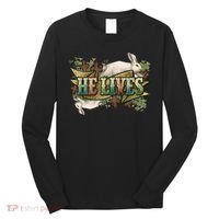 Easter Cross He Is Risen Jesus Christian He Lives Long Sleeve Shirt thumb 0