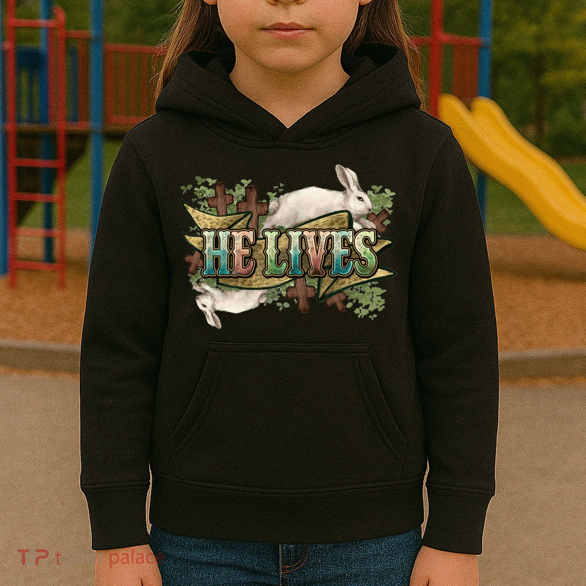 Easter Cross He Is Risen Jesus Christian He Lives Kids Hoodie