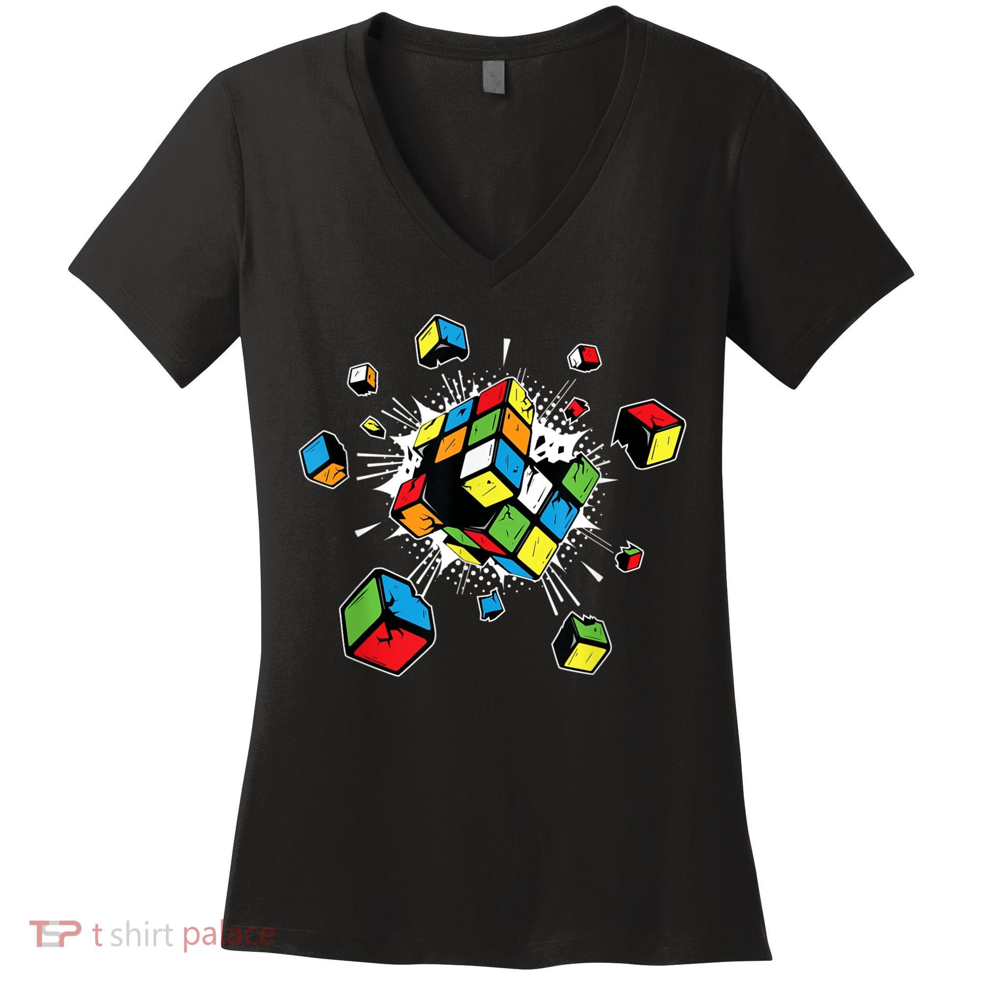 Exploding Cube Speed Cubing Puzzle Master Women's V-Neck T-Shirt