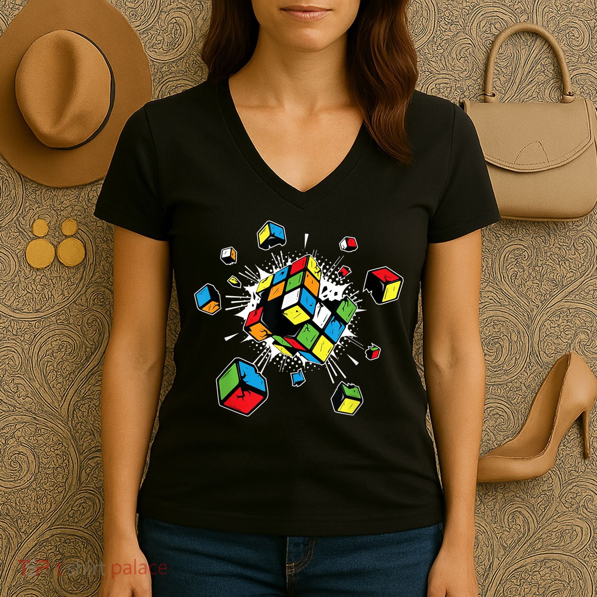 Exploding Cube Speed Cubing Puzzle Master Women's V-Neck T-Shirt