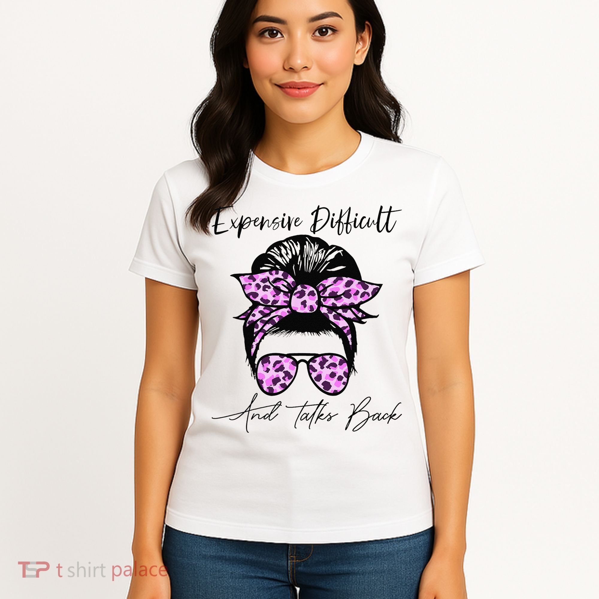 Expensive Difficult And Talks Back Messy Bun Leopard Pattern Women's T-Shirt