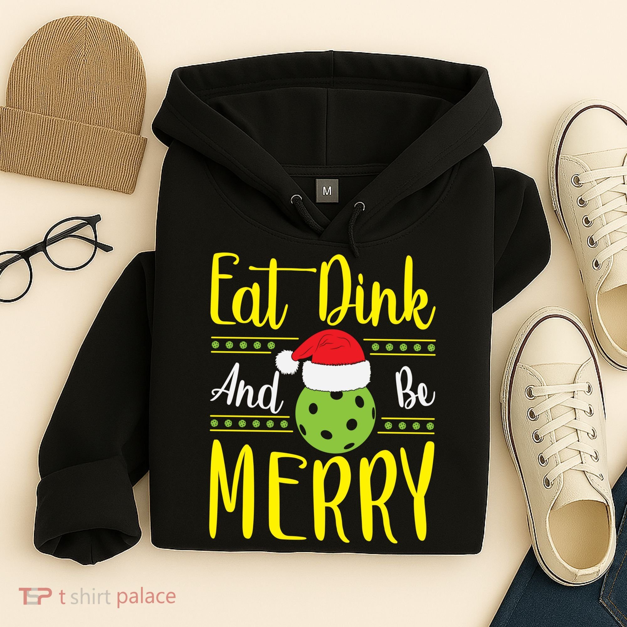 Eat Dink And Be Merry Pickleball Christmas Santa Hat Hoodie