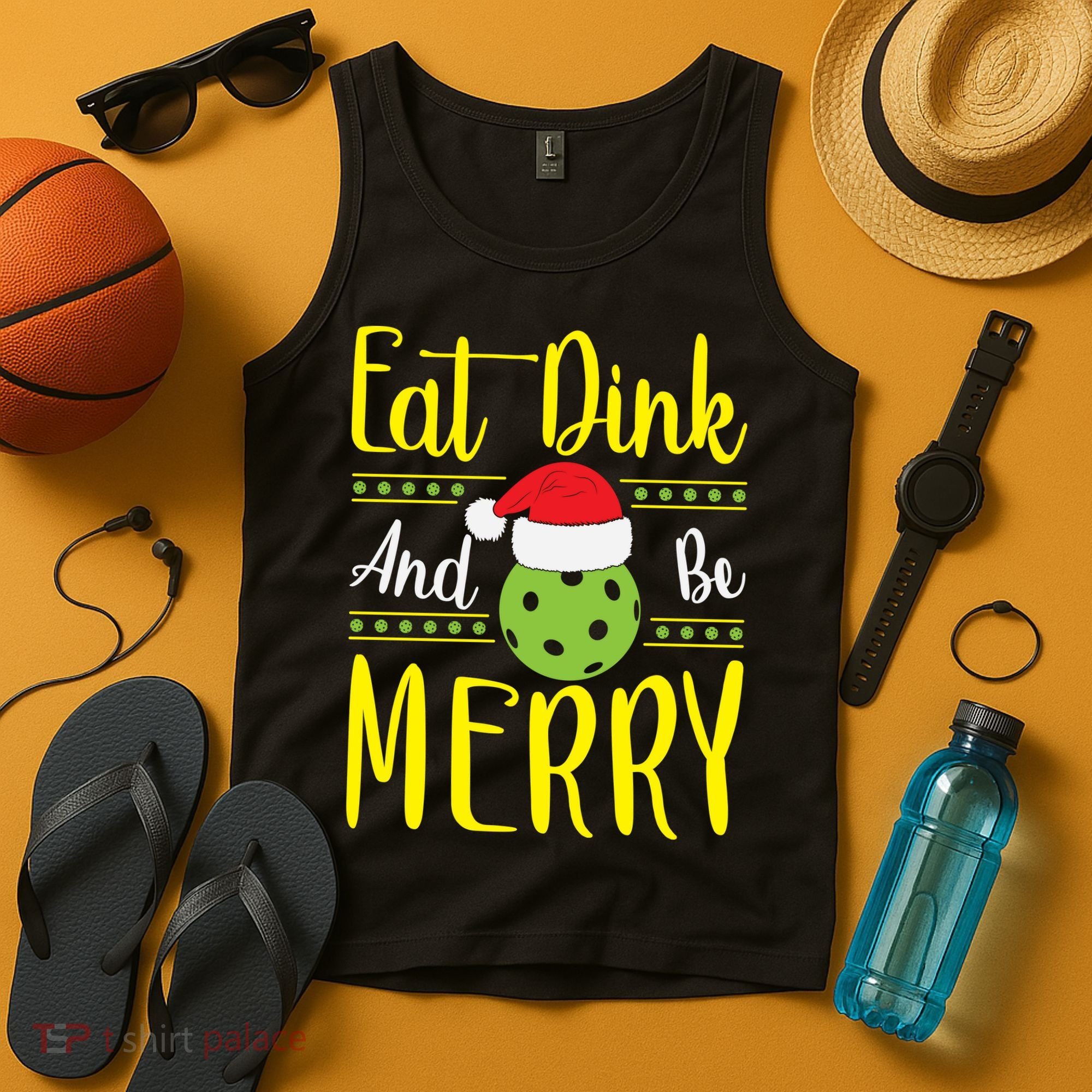 Eat Dink And Be Merry Pickleball Christmas Santa Hat Tank Top