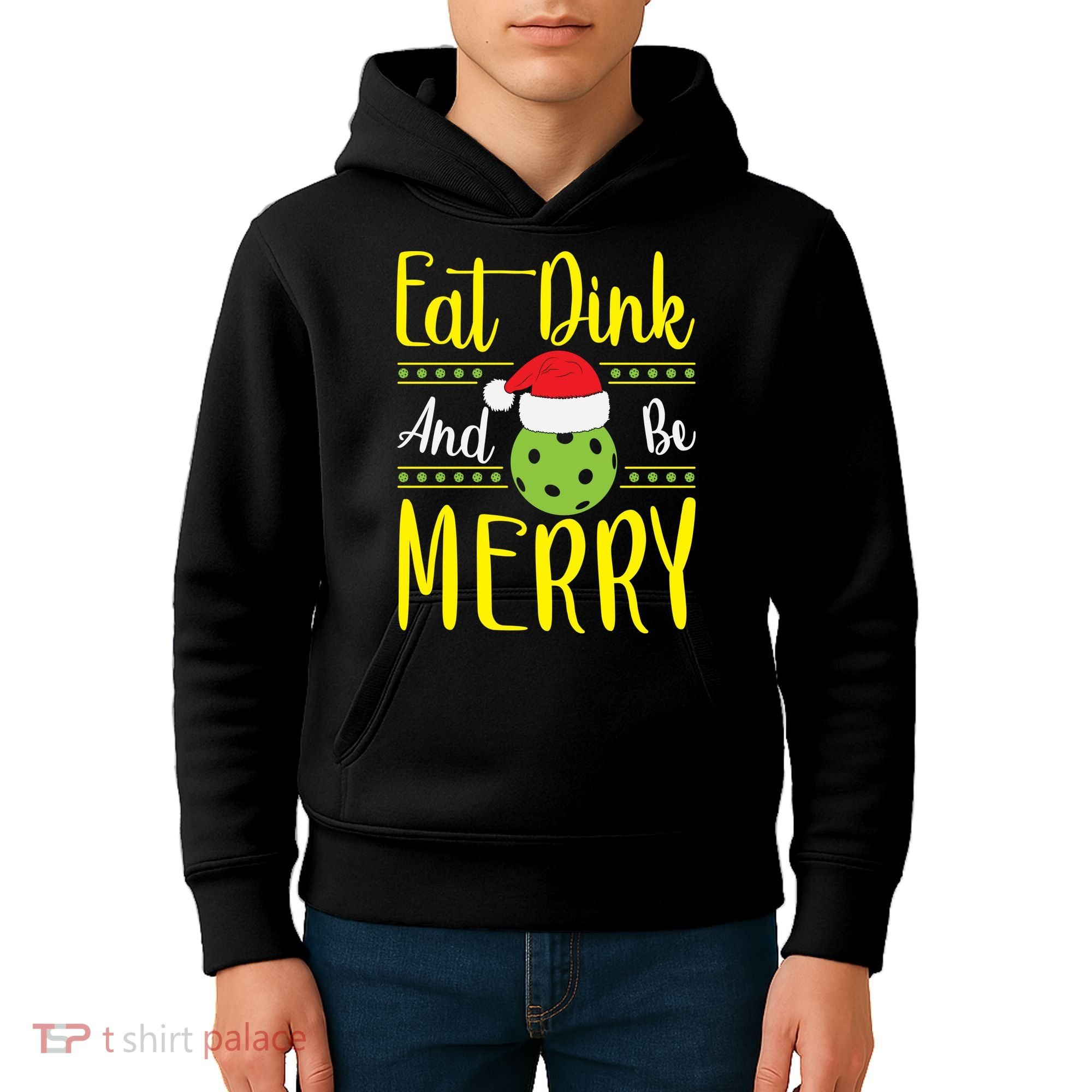 Eat Dink And Be Merry Pickleball Christmas Santa Hat Kids Hoodie