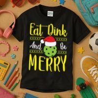 Eat Dink And Be Merry Pickleball Christmas Santa Hat Kids T-Shirt thumb 3