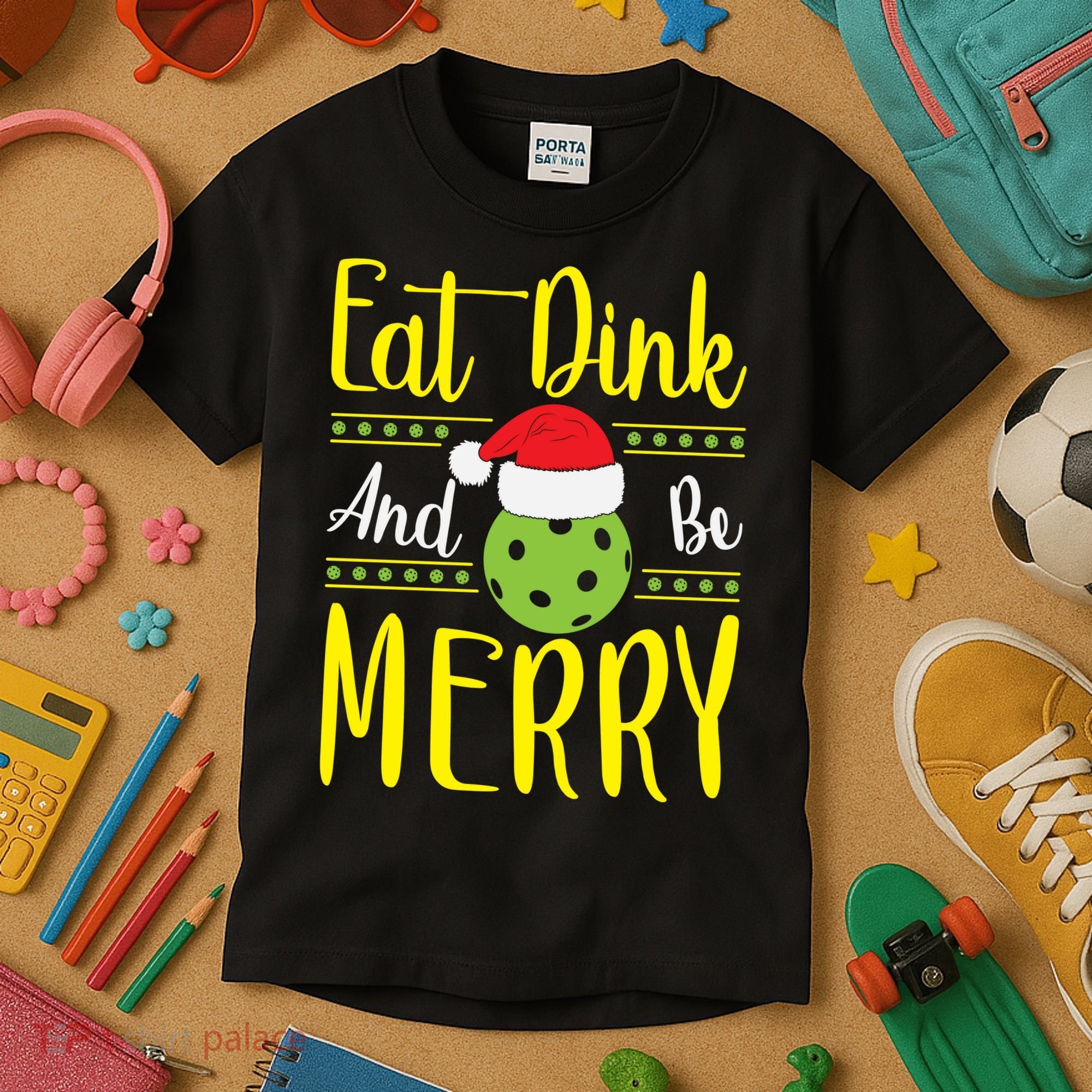 Eat Dink And Be Merry Pickleball Christmas Santa Hat Kids T-Shirt