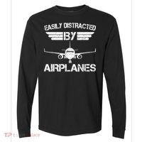 Easily Distracted By Airplanes Aviation Pilot Airplane Lover Comfort Colors Heavyweight Long Sleeve T-Shirt thumb 0