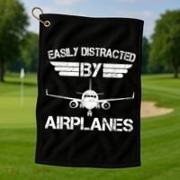Easily Distracted By Airplanes Aviation Pilot Airplane Lover Golf Towel thumb 1