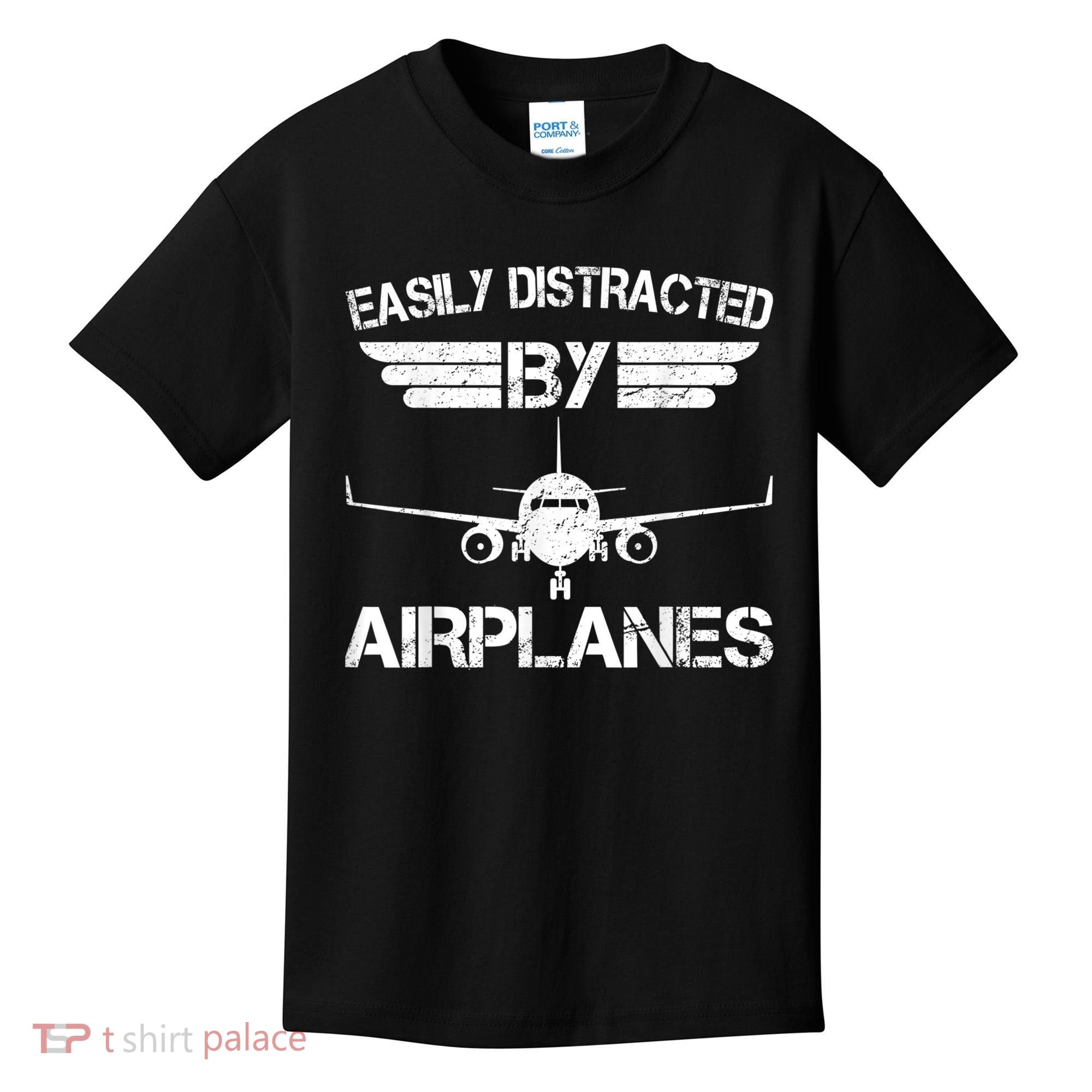 Easily Distracted By Airplanes Aviation Pilot Airplane Lover Kids T-Shirt