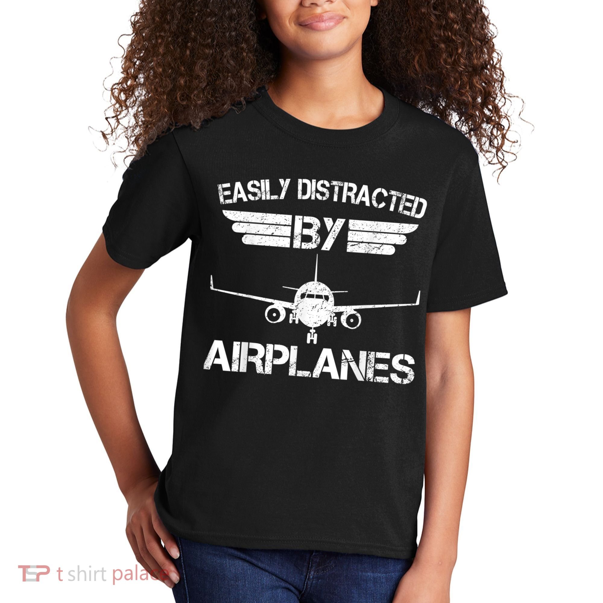 Easily Distracted By Airplanes Aviation Pilot Airplane Lover Kids T-Shirt
