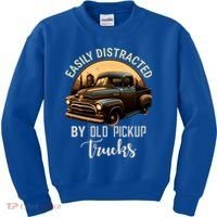 Easily Distracted By Old Pickup Trucks Classic Cars Lover Gift Kids Sweatshirt thumb 0
