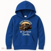 Easily Distracted By Old Pickup Trucks Classic Cars Lover Gift Kids Hoodie thumb 0
