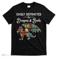 Easily Distracted By Dragons And Books Nerds Book Reader T-Shirt thumb 0