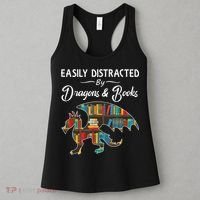 Easily Distracted By Dragons And Books Nerds Book Reader Women's Tank Top thumb 3