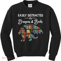 Easily Distracted By Dragons And Books Nerds Book Reader Kids Sweatshirt thumb 0