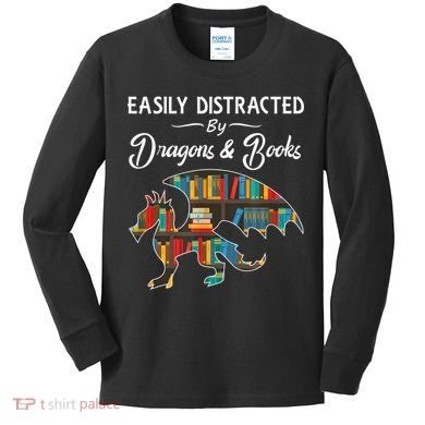 Easily Distracted By Dragons And Books Nerds Book Reader Kids Long Sleeve Shirt