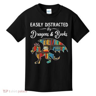 Easily Distracted By Dragons And Books Nerds Book Reader Kids T-Shirt
