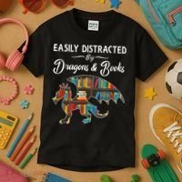 Easily Distracted By Dragons And Books Nerds Book Reader Kids T-Shirt thumb 3