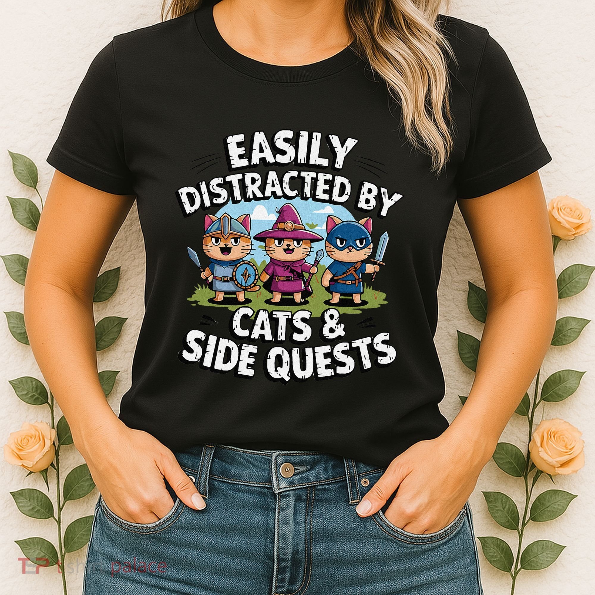 Easily Distracted By Cats Side Quests Gamer Rpg Cats Knight Women's T-Shirt