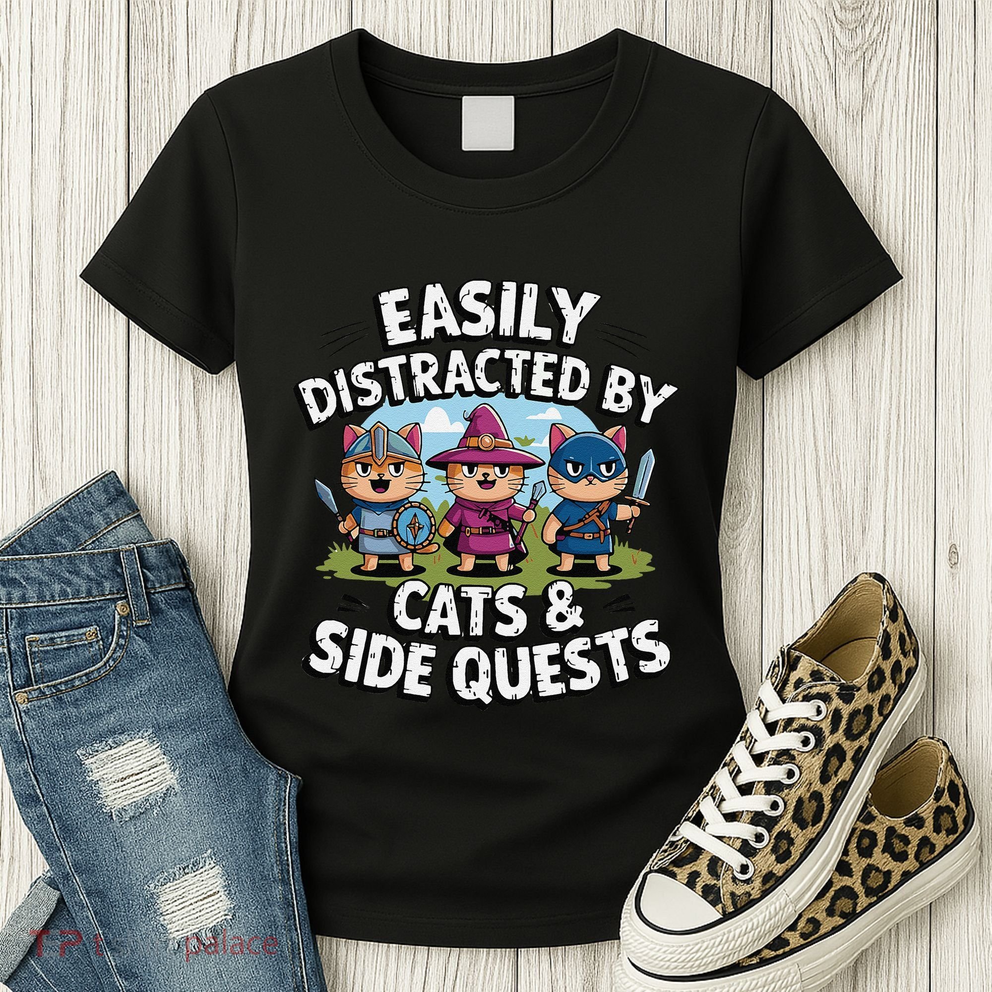 Easily Distracted By Cats Side Quests Gamer Rpg Cats Knight Women's T-Shirt