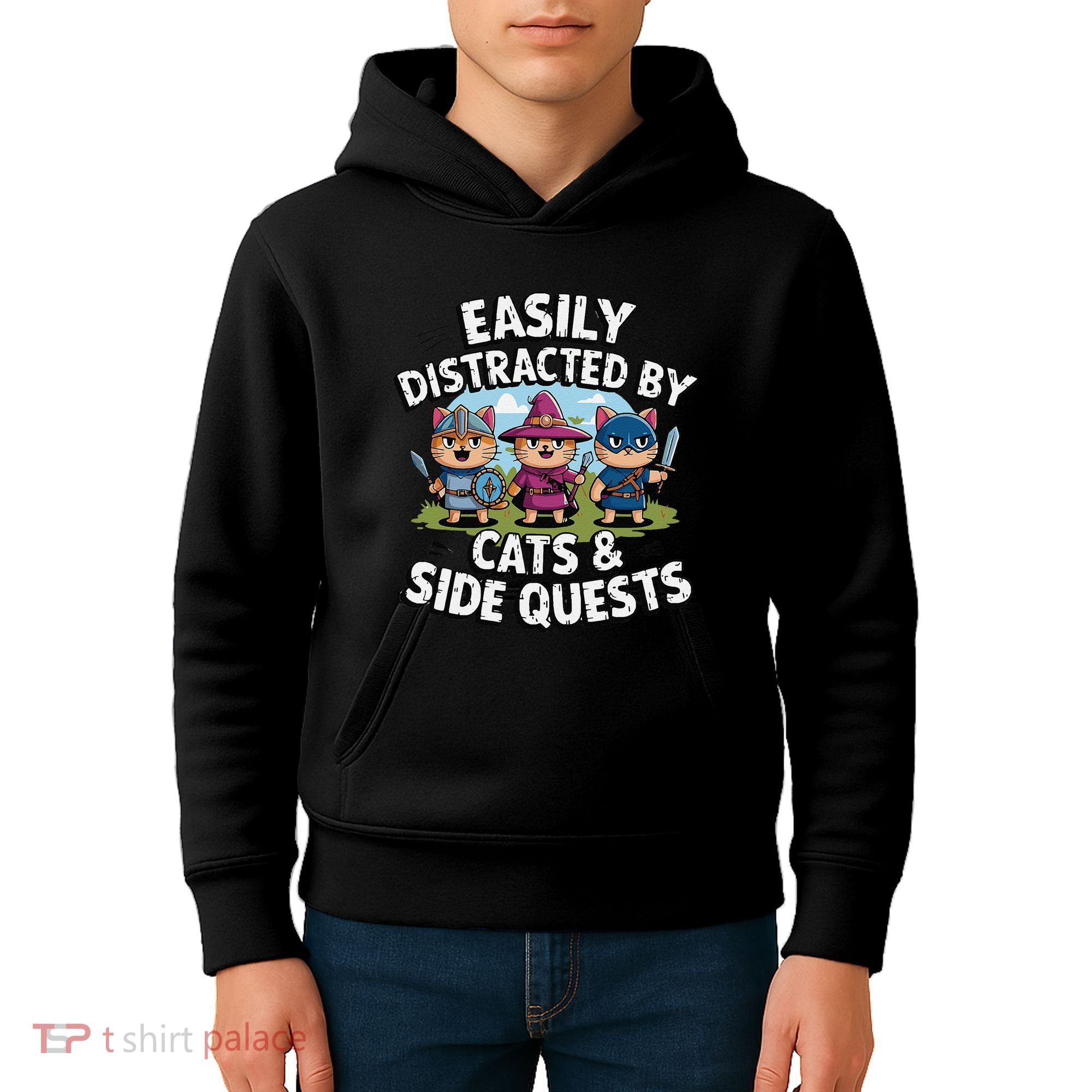 Easily Distracted By Cats Side Quests Gamer Rpg Cats Knight Kids Hoodie
