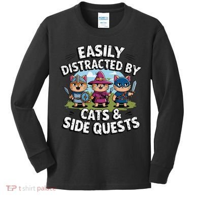 Easily Distracted By Cats Side Quests Gamer Rpg Cats Knight Kids Long Sleeve Shirt