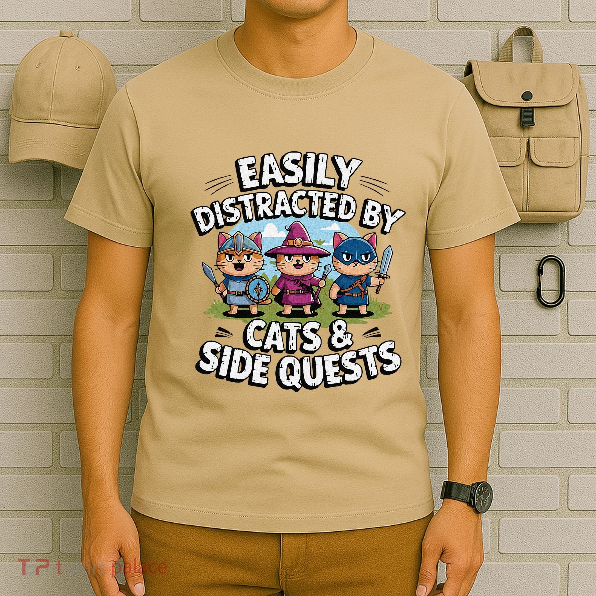 Easily Distracted By Cats Side Quests Gamer Rpg Cats Knight T-Shirt