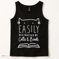 Easily Distracted By Cats And Books Cat & Book Lover Tank Top thumb 2
