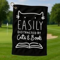 Easily Distracted By Cats And Books Cat & Book Lover Golf Towel thumb 1