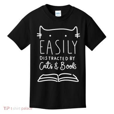 Easily Distracted By Cats And Books Cat & Book Lover Kids T-Shirt