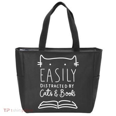 Easily Distracted By Cats And Books Cat & Book Lover Tote Bag