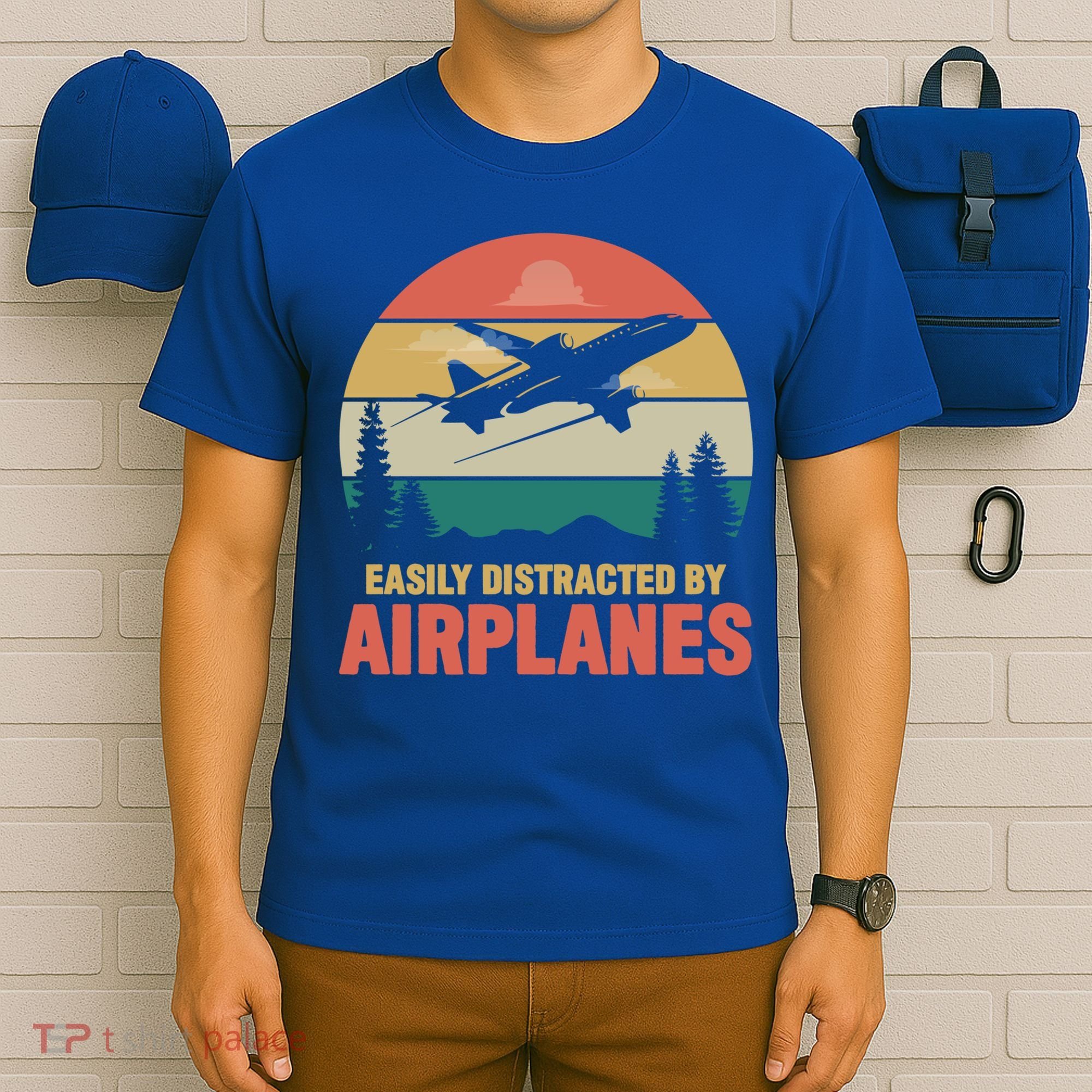 Easily Distracted By Airplanes Retro Airplane Funny Pilot Gift T-Shirt
