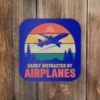 Easily Distracted By Airplanes Retro Airplane Funny Pilot Gift Coaster thumb 0