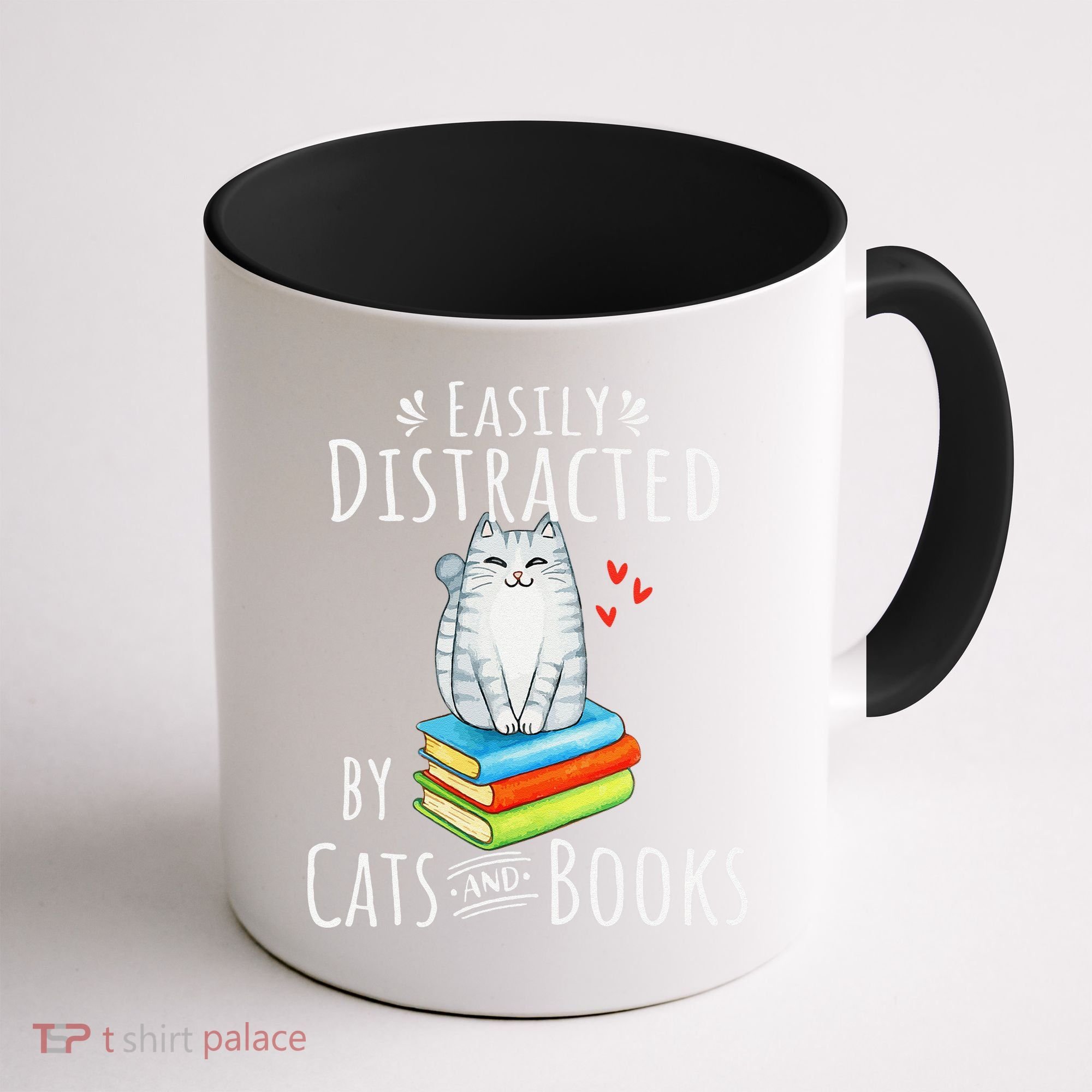 Easily Distracted By Cats And Books Funny Cat & Book Lover Coffee Mug