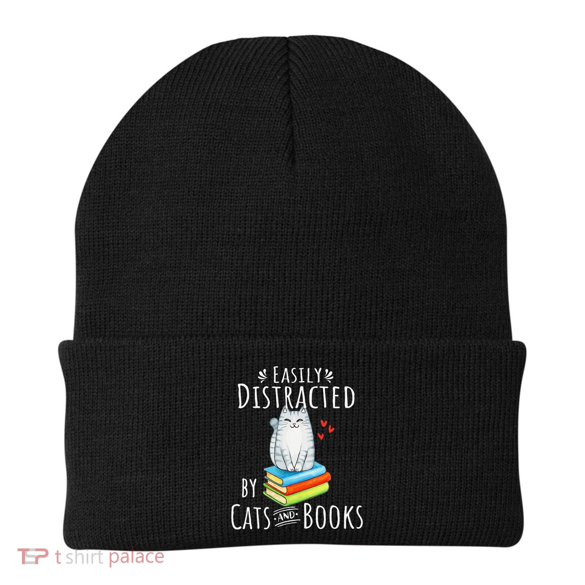 Easily Distracted By Cats And Books Funny Cat & Book Lover Beanie