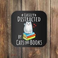 Easily Distracted By Cats And Books Funny Cat & Book Lover Coaster thumb 0