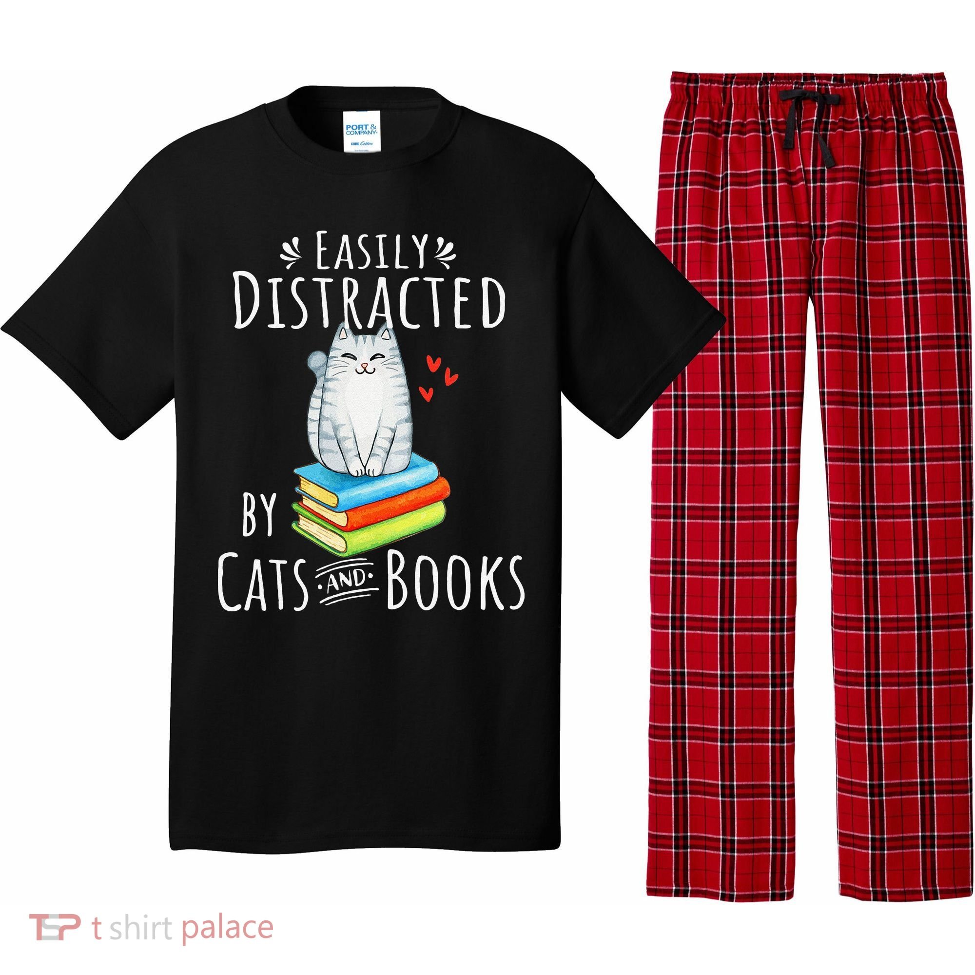 Easily Distracted By Cats And Books Funny Cat & Book Lover Pajama Set