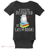 Easily Distracted By Cats And Books Funny Cat & Book Lover Baby Bodysuit thumb 0