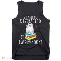 Easily Distracted By Cats And Books Funny Cat & Book Lover Tank Top thumb 0