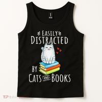 Easily Distracted By Cats And Books Funny Cat & Book Lover Tank Top thumb 2