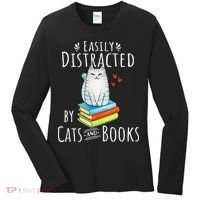 Easily Distracted By Cats And Books Funny Cat & Book Lover Women's Long Sleeve Shirt thumb 0