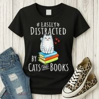 Easily Distracted By Cats And Books Funny Cat & Book Lover Women's T-Shirt thumb 3