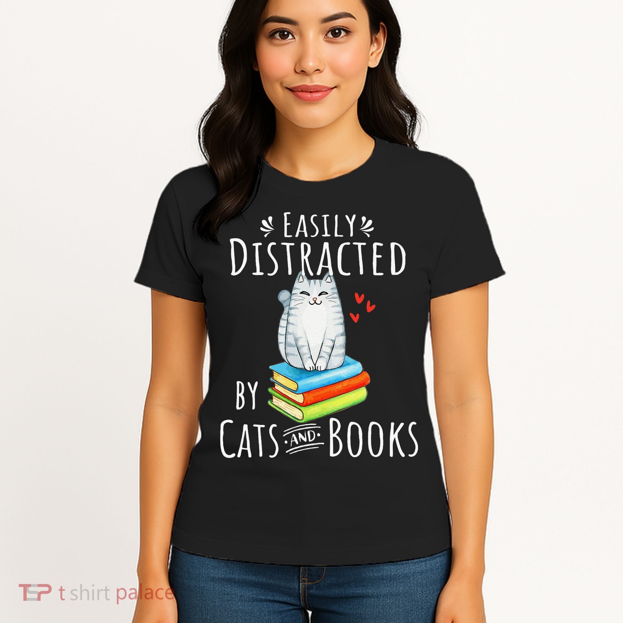 Easily Distracted By Cats And Books Funny Cat & Book Lover Women's T-Shirt