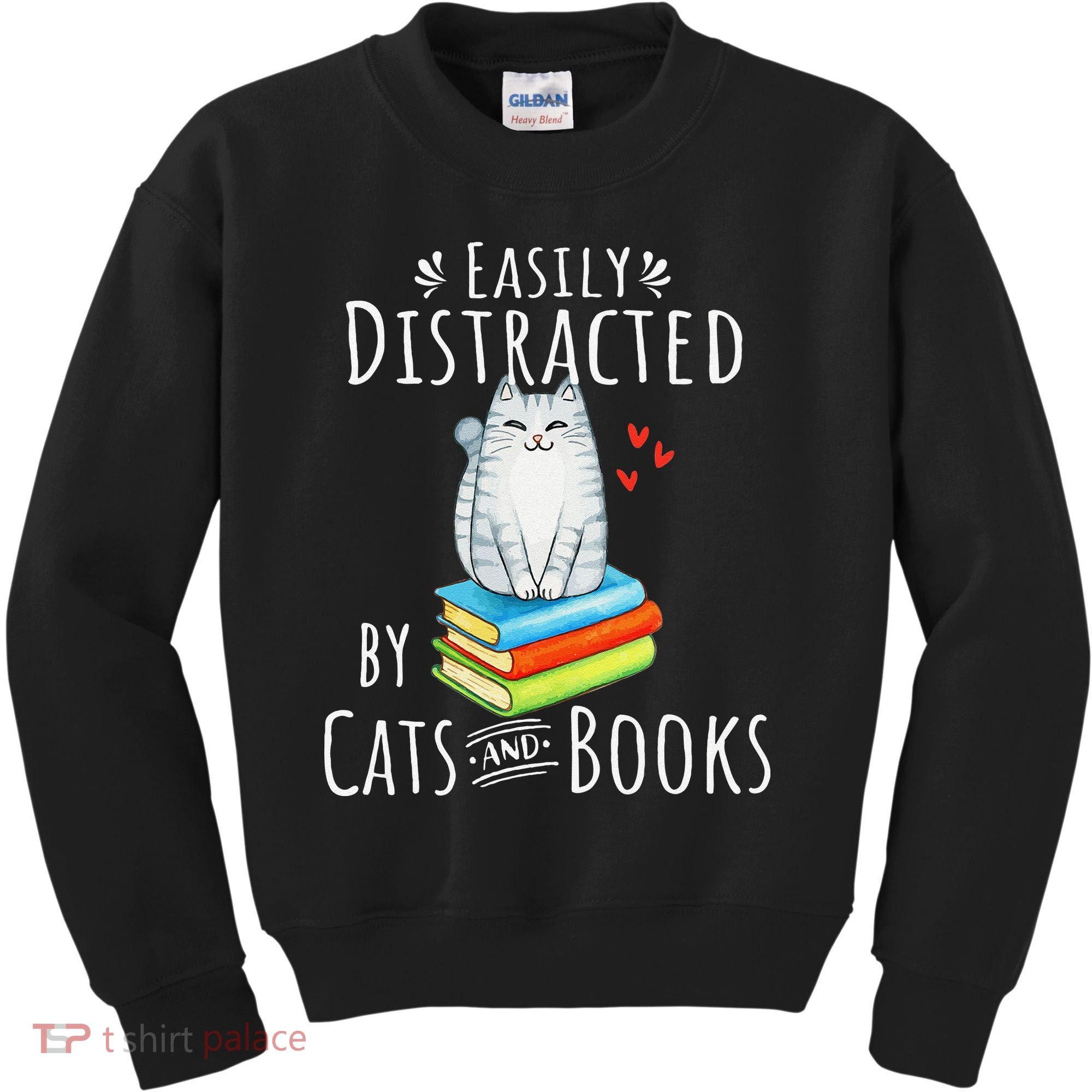 Easily Distracted By Cats And Books Funny Cat & Book Lover Kids Sweatshirt