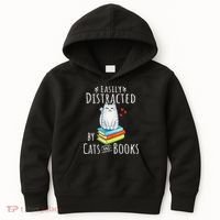 Easily Distracted By Cats And Books Funny Cat & Book Lover Kids Hoodie thumb 0